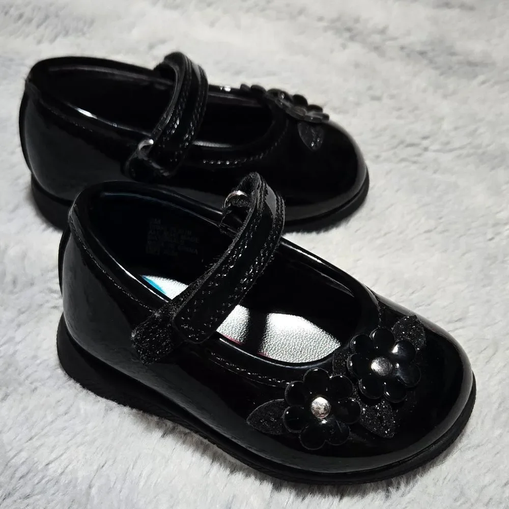 Rachel Shoes Baby Girl Black Patent Mary Jane Dress Shoes Glitter Flower Size 2